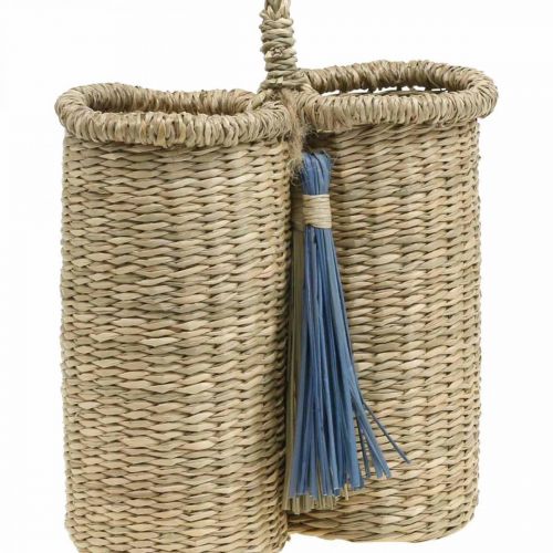 Article Porte-bouteille en jonc de mer, panier à bouteille tressé, décoration balcon, panier déco pour suspendre nature, bleu H20cm L22cm