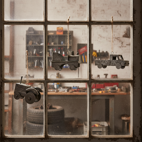 Article Voitures décoratives vintage en métal à suspendre, tailles assorties, 9-10 cm, lot de 4