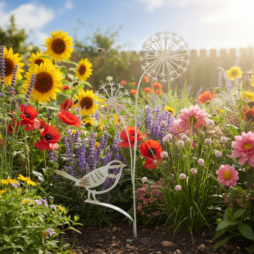 Article Bouchon de fleur en métal décoratif Allium oiseau blanc 20×52cm