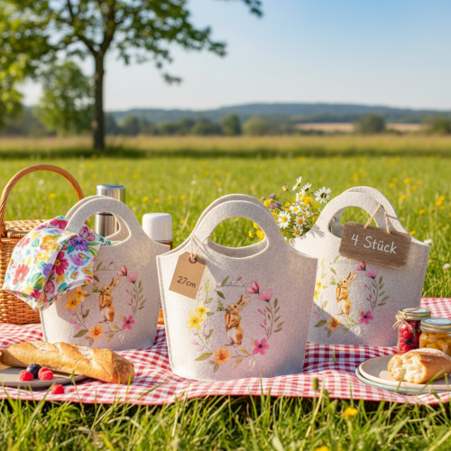 Article Sac en feutrine avec un adorable lapin de Pâques, idéal pour le printemps et l'été, 27 cm, lot de 4