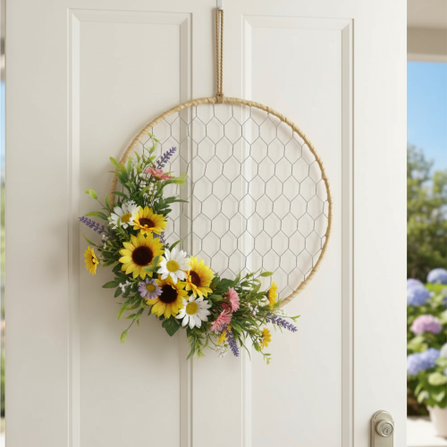 Article Anneau décoratif en métal Ø38cm, décoration suspendue, raphia, argent, naturel, décoration murale bohème, décoration polyvalente, lot de 4