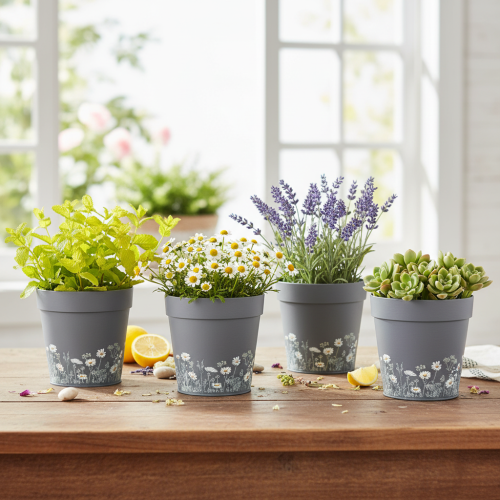 Article Pot de fleurs à motif floral pour une décoration intérieure moderne et un balcon estival, 13 cm, lot de 4