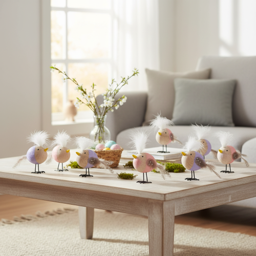 Article Oiseau décoratif en bois avec plumes et corps coloré, pour décoration de table, 10 cm, lot de 6