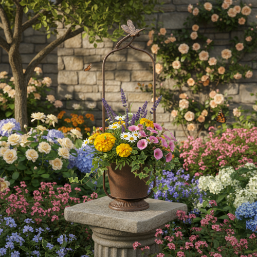 Article Jardinière vintage avec treillis, motif libellule, en métal, Ø16/H62cm