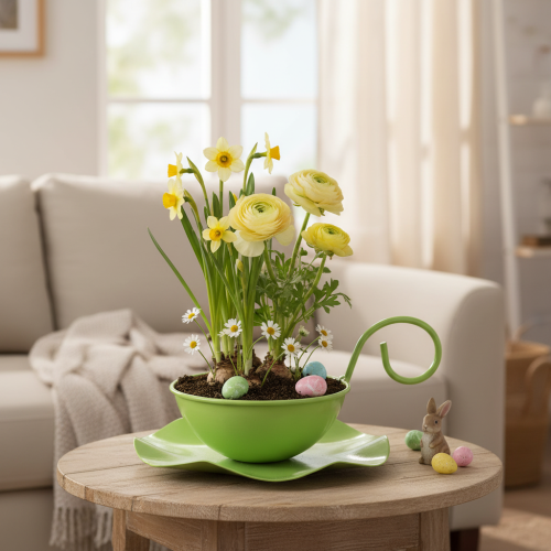 Article Tasse décorative en métal avec soucoupe, vert clair, H 8 cm Ø 11,5 cm, lot de 2