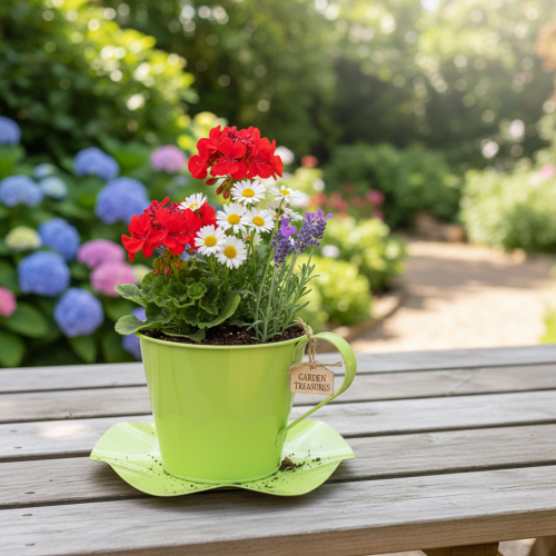 Article Tasse à thé décorative en métal avec soucoupe, vert clair, Ø 12 cm, H 10 cm, lot de 8.