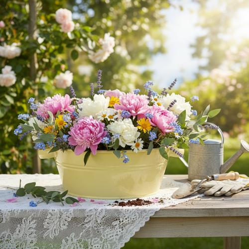 Article Bol décoratif en métal, vert-jaune, coupe à fleurs avec anse, Ø33,5 cm