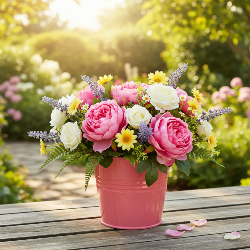 Article Pot de fleurs en métal avec poignée rose, seau, 16 x 17,5 x 16 cm, lot de 2