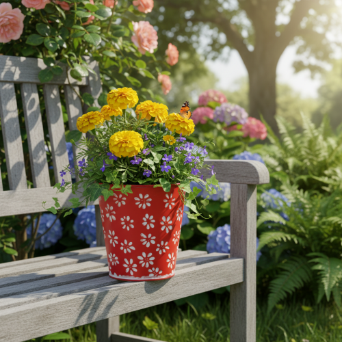 Article Pot de fleurs rouge et blanc, en métal, Ø 12,5 cm x H 11,5 cm