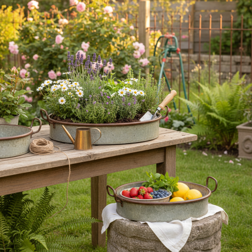 Article Plateau ovale en métal avec poignée, couleur rouille, 46/52 cm, lot de 2