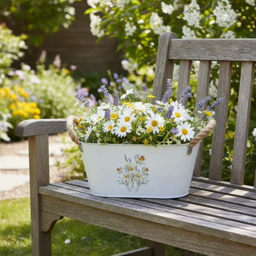 Article Bol décoratif ovale en métal blanc à décor floral naturel, L26cm