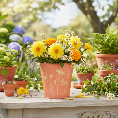 Article Pot de fleurs à décor floral, jaune abricot, Ø 10,5 cm H 10,5 cm
