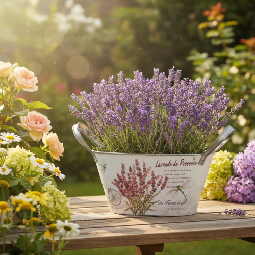 Article Coupe à fleurs ovale en métal avec anses, lavande, 32×15×15cm