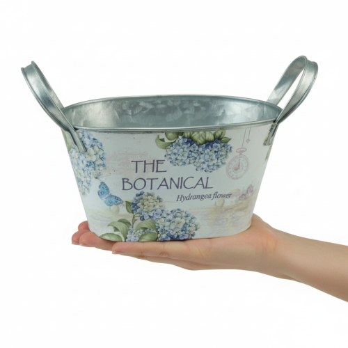 Article Coupe à fleurs avec anses, motif hortensia, métal, 26 × 13 × 14,5 cm