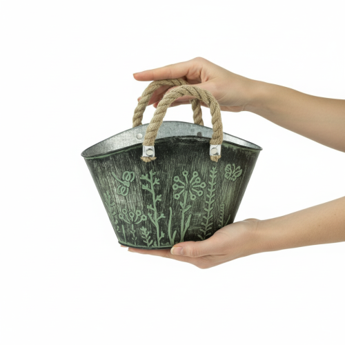 Article Pot de fleurs avec anses, sac, métal, jute, 19×13,5×13,5 cm