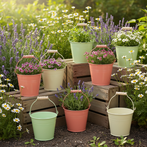 Article Seau avec anse, pot de fleurs, métal pastel, Ø 10 cm H 8 cm, lot de 10