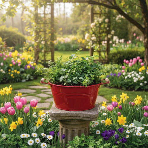 Article Coupe décorative avec anses, coupe à fleurs en métal, rouge, Ø 29 cm, H 14,5 cm