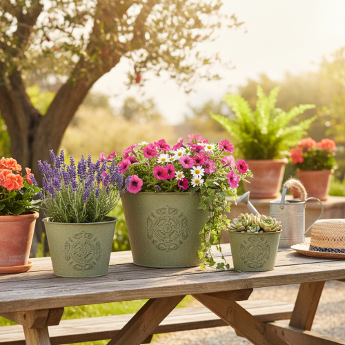 Article Pot de fleurs en métal, vert, vintage, Ø 22 cm – 13,5 cm, lot de 3