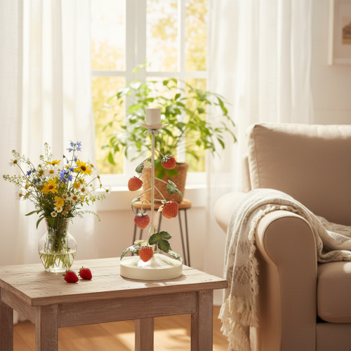 Article Bougeoir conique en métal avec décor de fraises, crème, rond, H26cm