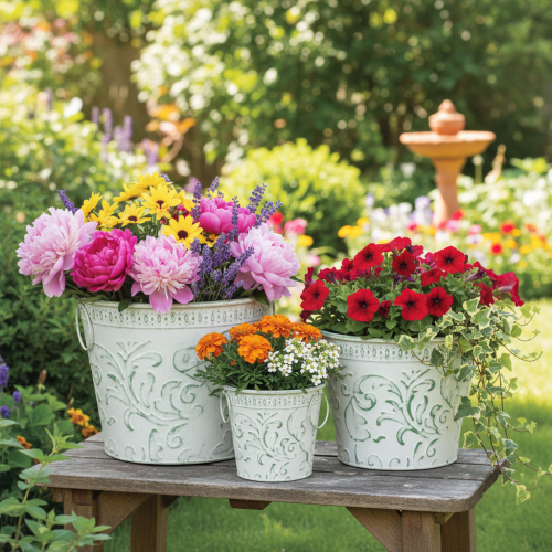 Pots en métal avec anses, cache-pots à décor en relief, blanc, vert, style shabby chic, H 20,5/18,5/16 cm, Ø 25,5/20,5/15,5 cm, lot de 3 | Floristik24.be