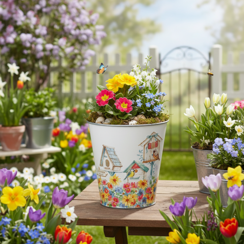 Pot en fer-blanc avec nichoirs, décoration estivale, jardinière H14,5 cm Ø13,5 cm | Floristik24.be