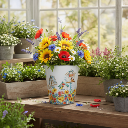 Pot en métal décoré, jardinière avec nichoirs, seau en fer-blanc H13cm Ø11,5cm | Floristik24.be