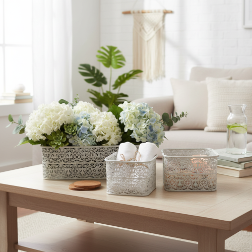 Article Bols en métal à motif dentelle, récipient décoratif, carré, style shabby chic, blanc, 27 x 23 x 19 cm, hauteur 13,5 cm, lot de 3