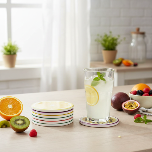 Article Ensemble de 6 sous-verres en forme de fruits, motif fruits, décoration de table, cuisine et salon, 10 cm.
