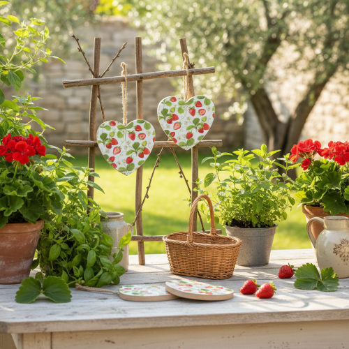 Article Cœur décoratif à motif fraise – Pendentif estival en bois pour une décoration champêtre, 10 cm x 10 cm, lot de 4