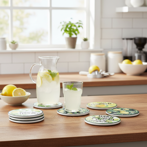 Sous-verres décoratifs en céramique citron ronds assortis Ø10,5cm 6pcs | Floristik24.be