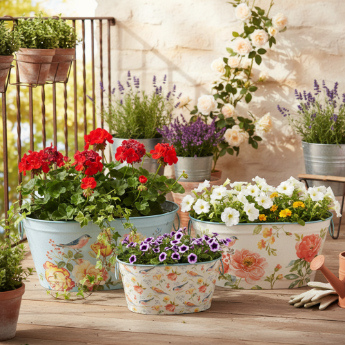 Pots de fleurs, printemps, jardinières pour fleurs/oiseaux, récipient ovale en métal L39/31/24,5 cm, lot de 3 | Floristik24.be