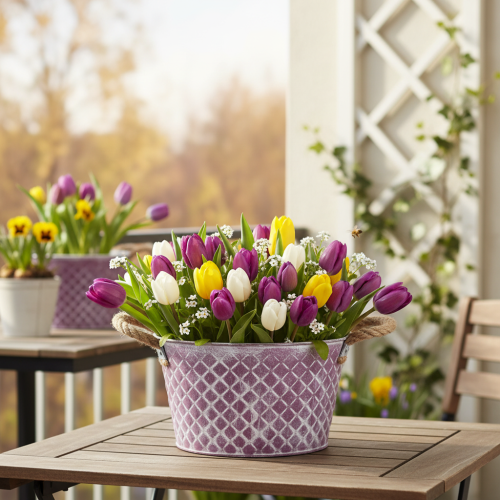 Bol en zinc, forme losange, anses en corde, finition violet/blanc, Ø 24,5 cm H 14 cm | Floristik24.be
