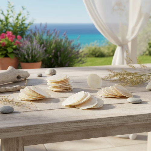 Article Tranches de nacre de Capiz dans des coquilles dorées naturelles, 60 pièces