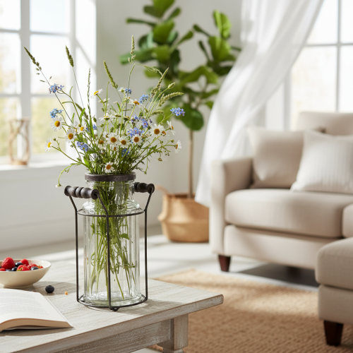 Article Bouteille en verre dans un panier en métal, idéale pour apporter une touche décorative au salon, 20 cm