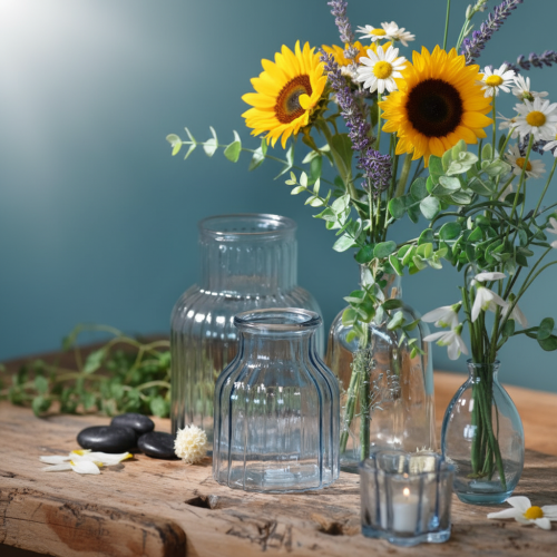 Article Vases à fleurs en verre à rainures bleu Ø11cm H14.5cm 2pcs