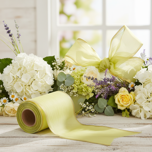 Article Ruban moiré pour couronne, 150 mm, 25 m, vert clair bordé d'or, pour l'art floral et la décoration.
