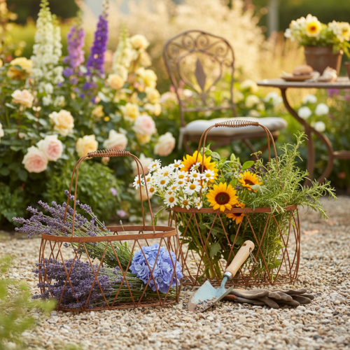 Panier ovale en fil de fer avec anse, décoration de jardin, finition rouille, 30 x 25 cm, lot de 2 | Floristik24.be