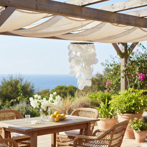 Carillon éolien mobile en coquillage Capiz, rond, 70 cm de long, pour balcon ou jardin | Floristik24.be