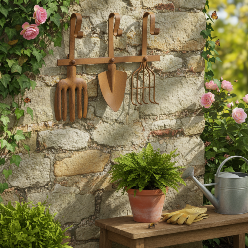 Barre à crochets pour outils de jardin, décorations de jardin, râteau, bêche et houe ; porte-manteau en métal rouillé, L33,5 cm | Floristik24.be