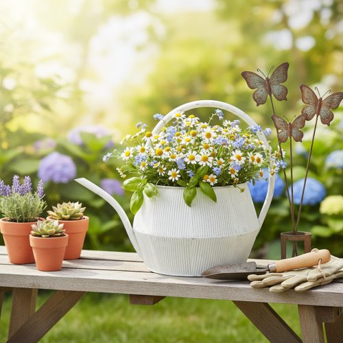 Arrosoir décoratif blanc vintage en métal rainuré, pot de fleurs 25 cm | Floristik24.be