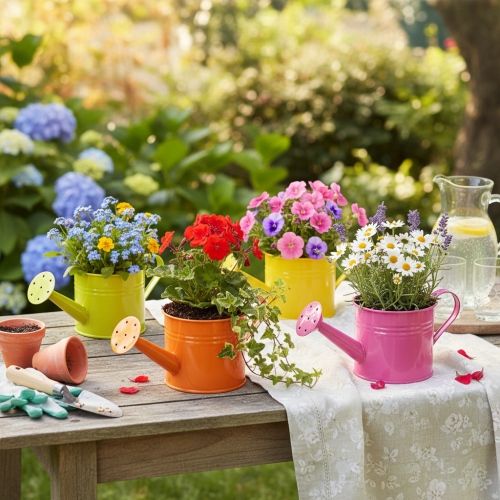Arrosoir décoratif coloré, Ø 11 cm, H 9,5 cm, pour le jardinage, décoration de table printanière, en métal, lot de 8 | Floristik24.be