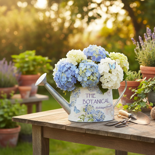 Arrosoir décoratif en métal, motif hortensia vintage, 30 x 11 x 14,5 cm | Floristik24.be
