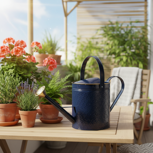 Arrosoir décoratif vintage en métal à damier bleu et or, design rétro, pour l'intérieur, le jardin ou le balcon, 65 cm | Floristik24.be