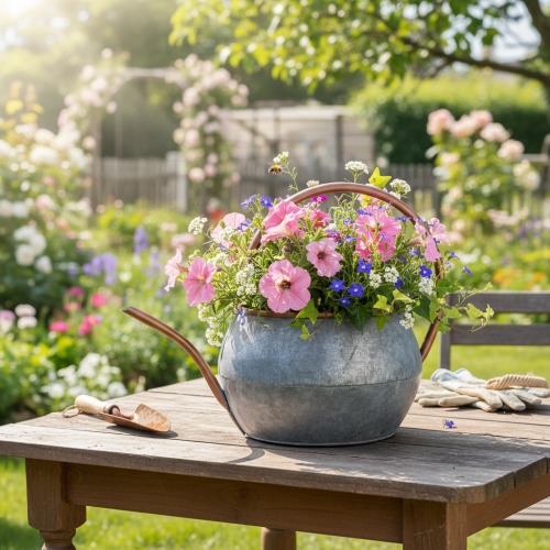Arrosoir décoratif en métal, style champêtre vintage, décoration de jardin, pour les plantations, cuivre argenté, L 41 cm Ø 26 cm H 30 cm | Floristik24.be