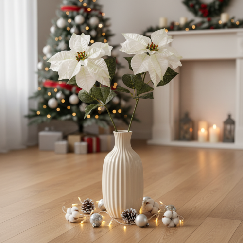 Poinsettia blanc artificiel, grande branche fleurie décorative, 65 cm, 2 pièces | Floristik24.be