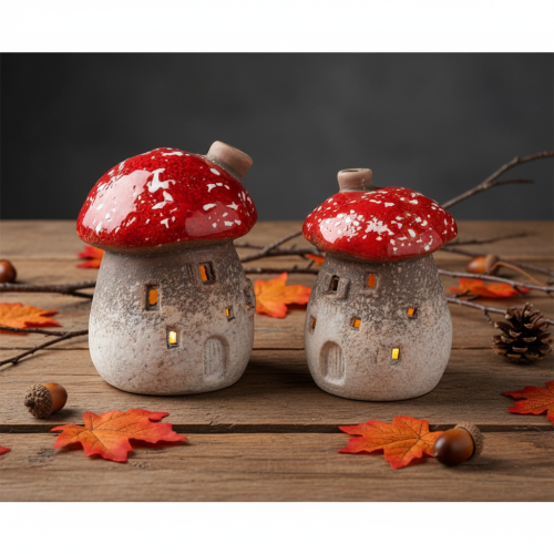 Figurine décorative de maison champignon avec phare et amanite tue-mouches, 10 cm, lot de 2 | Floristik24.be