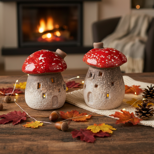 Figurine décorative de maison champignon avec phare et amanite tue-mouches, 10 cm, lot de 2 | Floristik24.be
