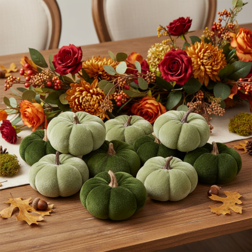 Citrouilles décoratives en tissu vert velouté Ø7cm H4,5cm 9 pièces | Floristik24.be