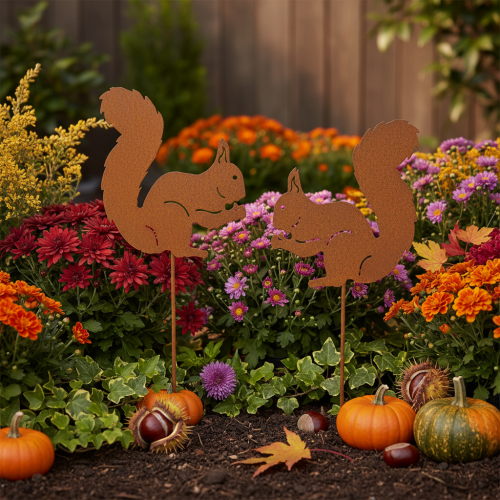 Article Tuteur de jardin décoratif rouille écureuil pour parterre et pot de fleurs 52 cm, lot de 2