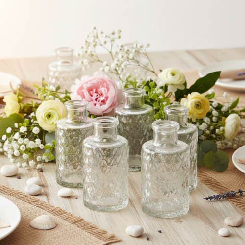 Mini vase en verre à motif losanges, petit vase de table, bouteille, transparent, 9 cm, lot de 6 | Floristik24.be